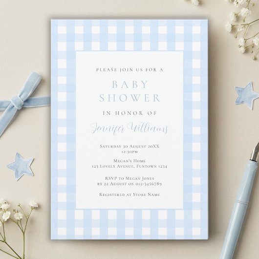 Faire-part de Baby Shower Gingham Bleu pour Garçon