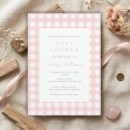 Faire-part de Baby Shower Gingham Rose pour Bébé F
