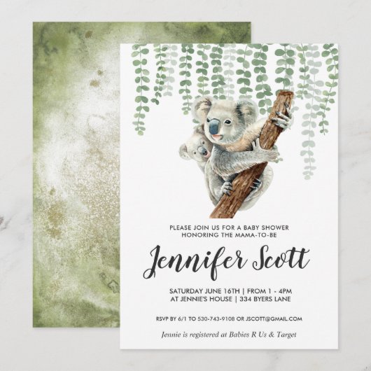 Faire-part de Baby Shower Koala Jungle (Devant / Derrière)