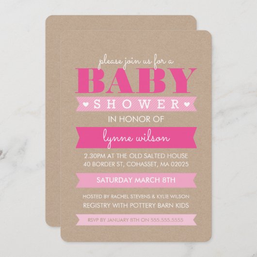 Faire-part de Baby Shower kraft moderne rustique b (Devant / Derrière)