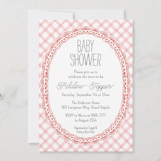 Faire-part de Baby Shower 'Lace Frame Gingham Vint (Devant)