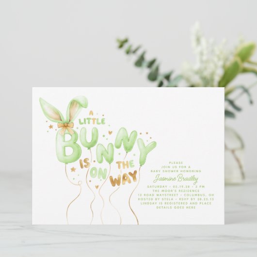 Faire-part de Baby Shower Lapin Doré Vert (Debout devant)