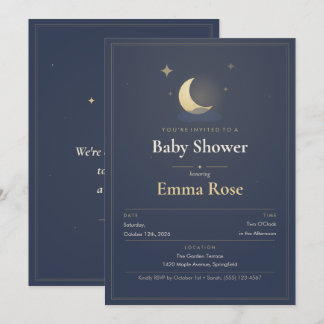 Faire-part de Baby Shower Lune et Étoiles, Bleu Po