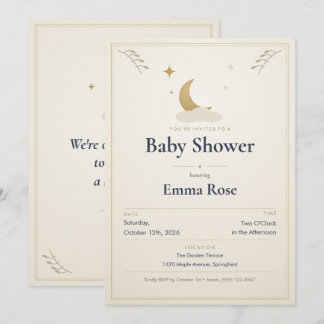 Faire-part de Baby Shower Lune et Étoiles, Ivoire