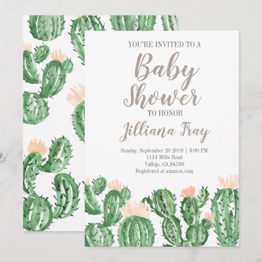 Faire-part de baby shower mignon cactus succulent (Devant / Derrière)