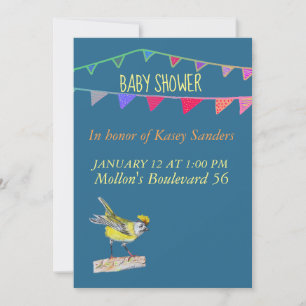 Faire-part de Baby Shower Oiseau et Drapeaux Bleu