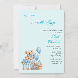 Faire-part de Baby Shower Ours en Peluche Bleu