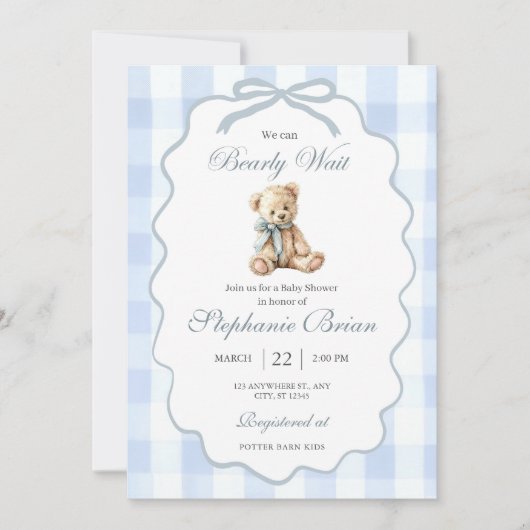Faire-part de Baby Shower Ourson Modifiable Bleu C (Devant)