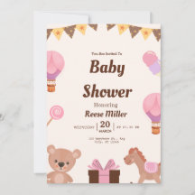 Faire-part de Baby Shower Pastel – Ballons, Ours &