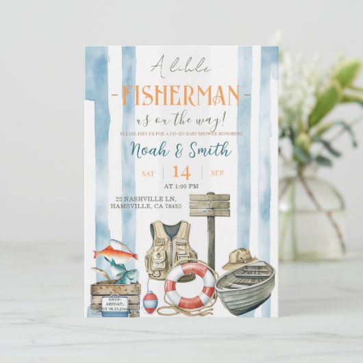 Faire-part de Baby Shower Petit Pêcheur | Rustique (Debout devant)
