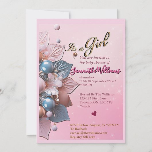 Faire-part de Baby Shower pour Bébé Fille (Devant)