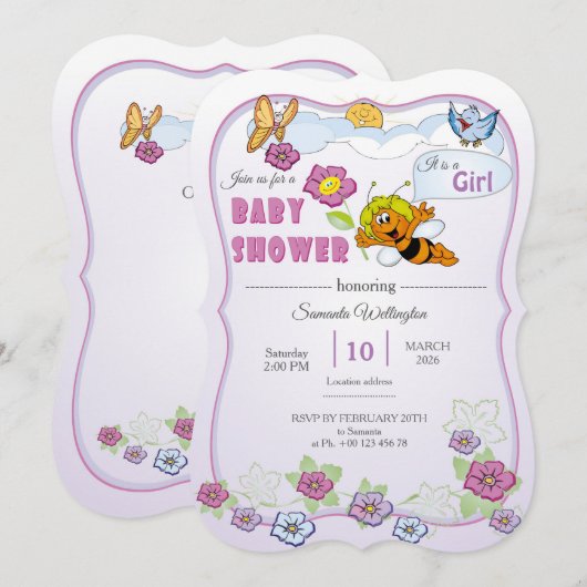 Faire-part de Baby Shower pour Bébé Fille  (Devant / Derrière)