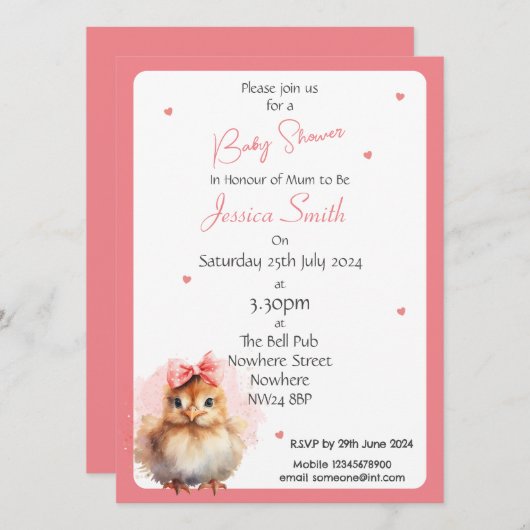 Faire-part de Baby Shower pour Bébé Fille Poulet (Devant / Derrière)