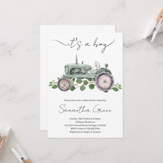 Faire-part de Baby Shower pour Bébé Tracteur C'est (Devant/Arrière en situation)