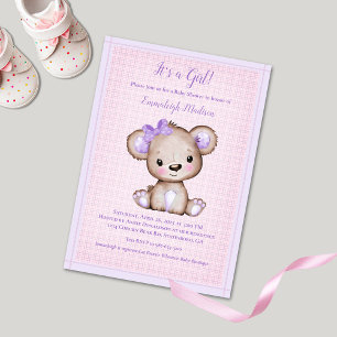 Faire-part de Baby Shower pour fille ours marron v