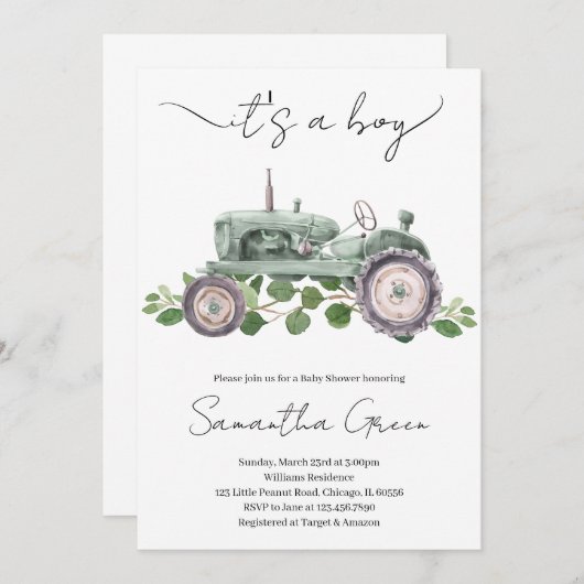 Faire-part de Baby Shower pour Tracteur C'est un G (Devant / Derrière)