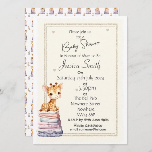 Faire-part de Baby Shower pour un adorable girafea (Devant / Derrière)