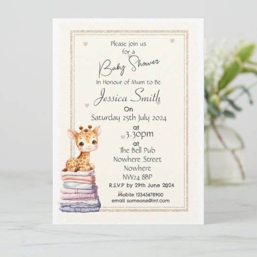 Faire-part de Baby Shower pour un adorable girafea (Debout devant)