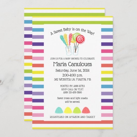 Faire-part de Baby Shower pour un bébé sucré (Devant / Derrière)