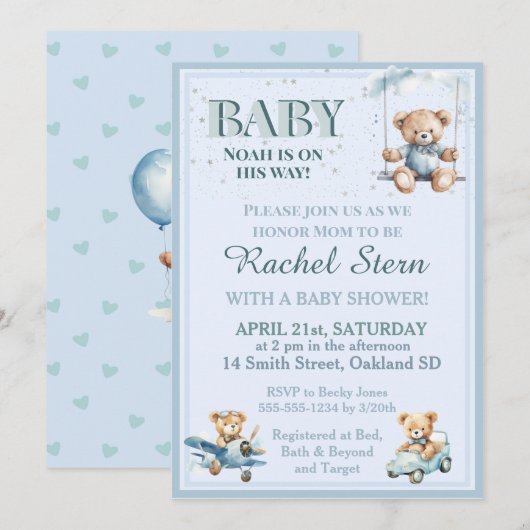 Faire-part de Baby Shower pour un Ourson en Peluch (Devant / Derrière)