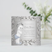 Faire-part de Baby Shower Prince Bleu Argent (Debout devant)