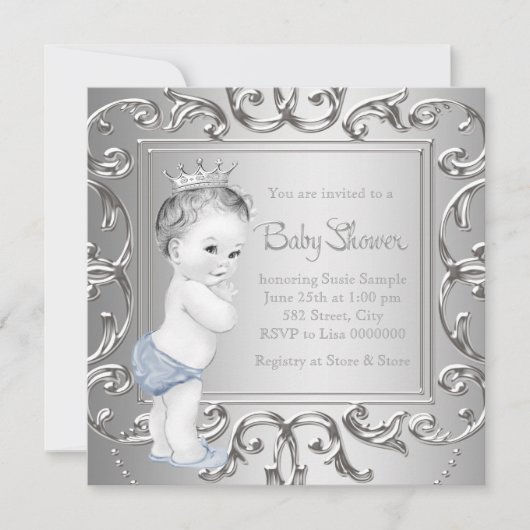 Faire-part de Baby Shower Prince Bleu Argent (Devant)