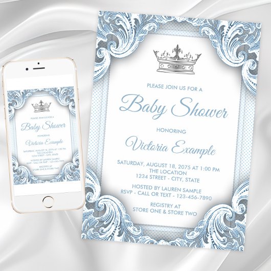Faire-part de Baby Shower Prince Bleu Argent