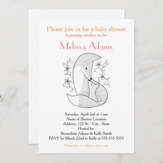 Faire-part de Baby Shower Renard Maman Renard et B (Devant / Derrière)