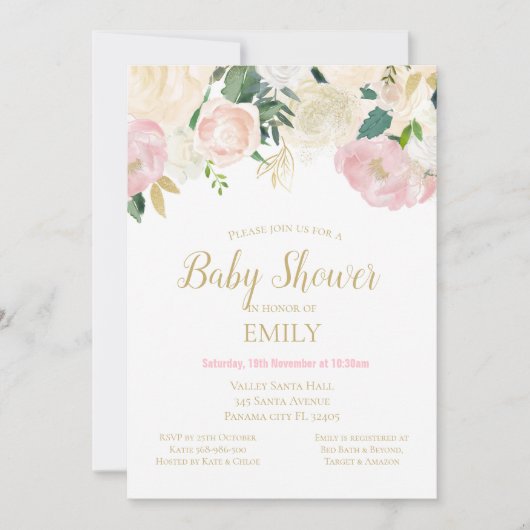 Faire-part de Baby Shower Rose et Or, Bébé I (Devant)