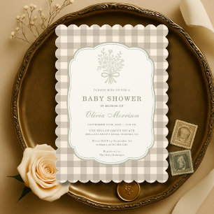 Faire-part de Baby Shower Ruban Floral Gingham Bei