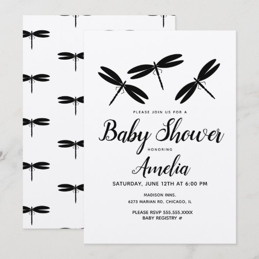 Faire-part de Baby Shower Rustique Libellules Noir (Devant / Derrière)