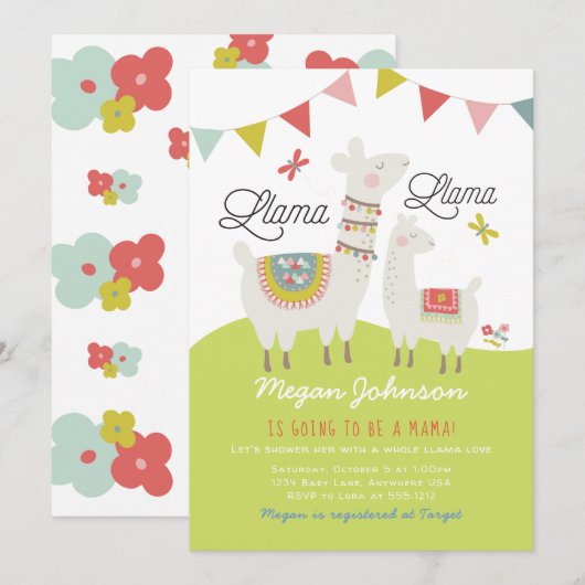 Faire-part de Baby Shower Scandi Boho Llama (Devant / Derrière)