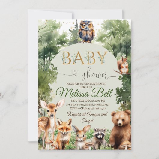Faire-part de Baby Shower sur le thème de la forêt (Devant)