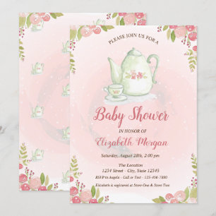 Faire-part de Baby Shower Théière Florale Mignonne