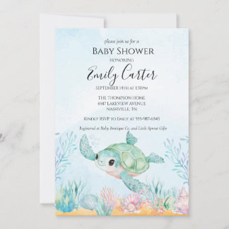 Faire-part de Baby Shower Tortue de Mer - Océan Bl