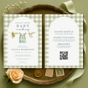 Faire-Part de Baby Shower Tout en Un Gingham Vert 