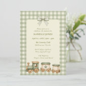 Faire-part de Baby Shower Train Gingham Vert (Debout devant)
