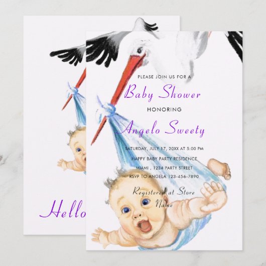 Faire-part de bains de bébé drôle avec une cigogne (Devant / Derrière)