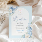 Faire-part de baptême à arche florale bleue avec c