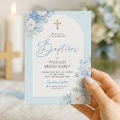 Faire-part de baptême à arche florale bleue avec c