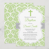 Faire-part de baptême à croix en damas vert (Devant / Derrière)