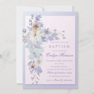 Faire-part de baptême à croix florale lavande