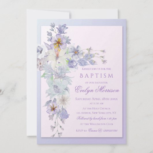 Faire-part de baptême à croix florale lavande (Devant)