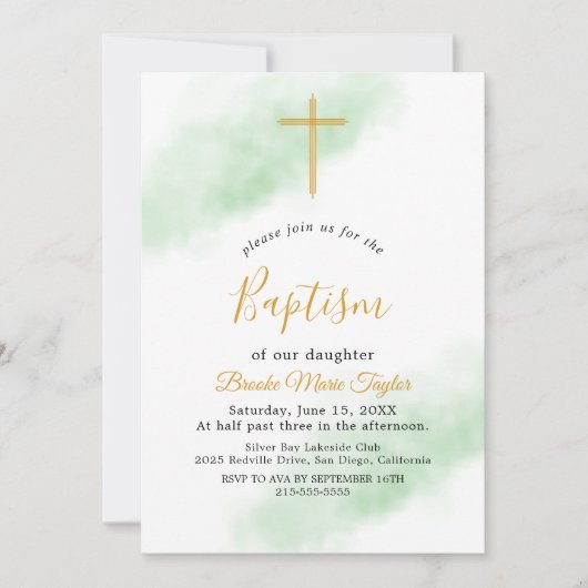 Faire-part de baptême à l'aquarelle vert et or (Devant)