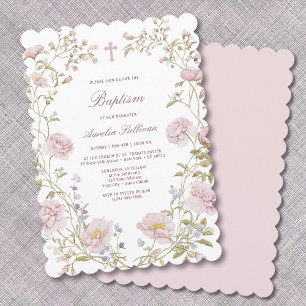 Faire-part de baptême avec cadre floral rose