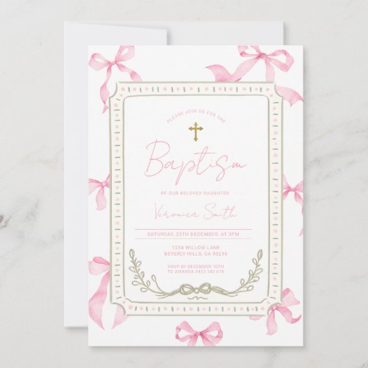 Faire-part de baptême bébé fille rose (Devant)
