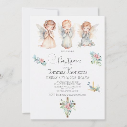 Faire-part de baptême bébé trois anges aquarelle (Devant)