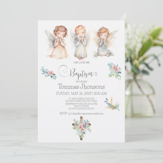 Faire-part de baptême bébé trois anges aquarelle (Debout devant)