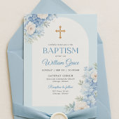 Faire-part de baptême bleu élégant avec motif flor