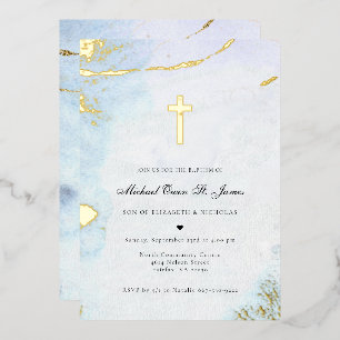 Faire-part de baptême bleu et or à l'aquarelle mod